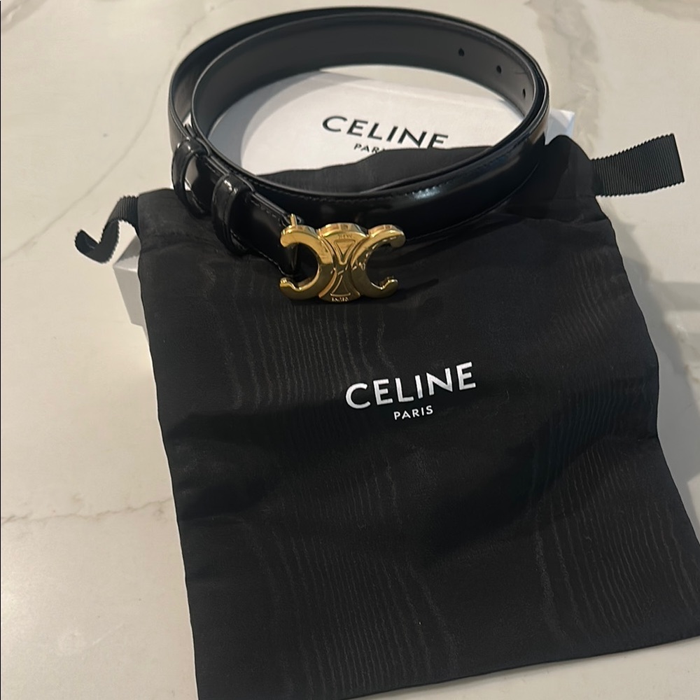 Celine Black and Gold Leather Belt with Triomphe Buckle